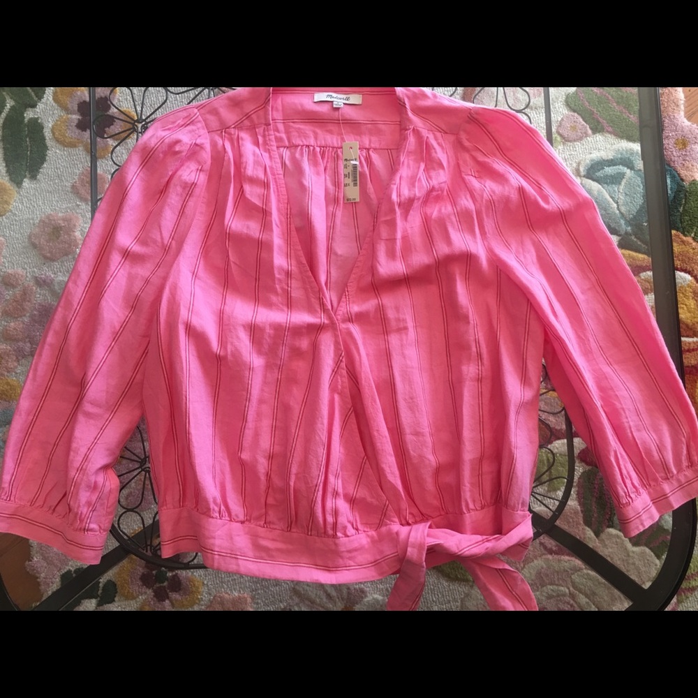 Madewell pink striped wrap shirt
